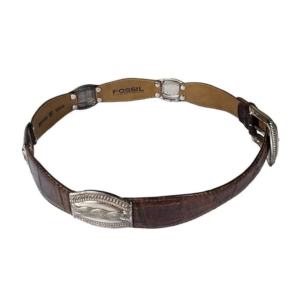 VINTAGE Fossil Etched Silver Hardware Tan Leather Belt M